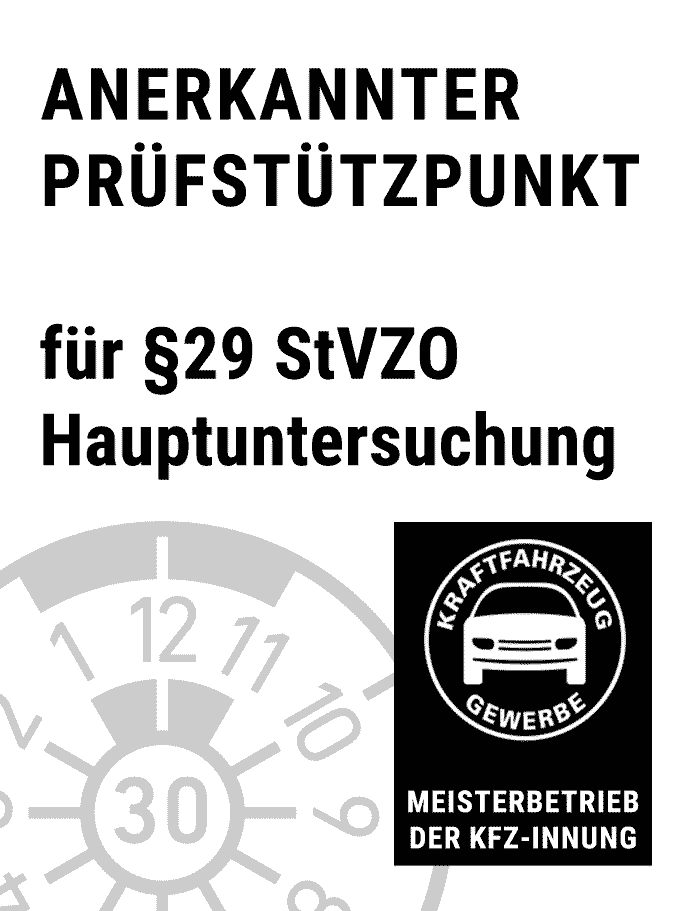 Logo anerkannter Prüfstützpunkt für Hauptuntersuchung und Abgasuntersuchung